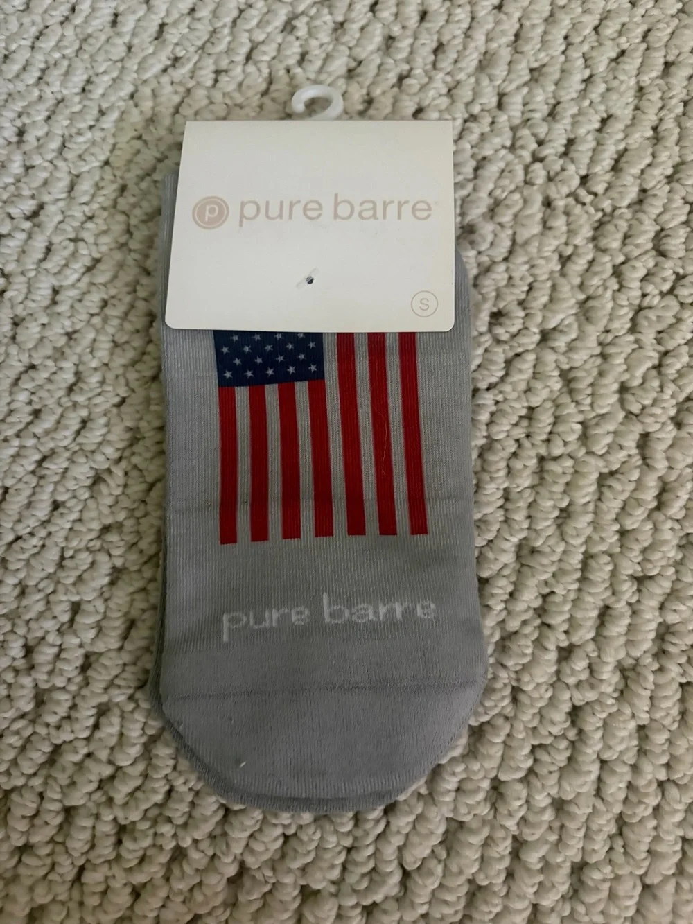 Pure Barre Gray Ankle Socks with Red & Blue Flag Accent